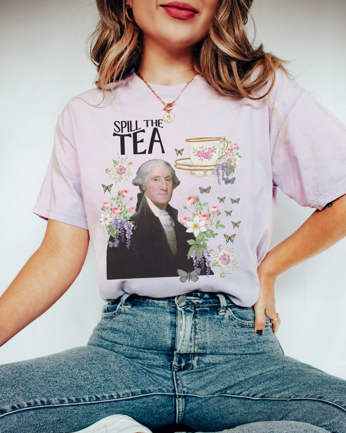 Funny American History Tee Shirt for History Buff Spill The Tea Teacher Appreciation Gift with Flowers Whimsigoth George Washington Tee Graphic Tee – Everyday Comfort · Perfect For Daily Wear