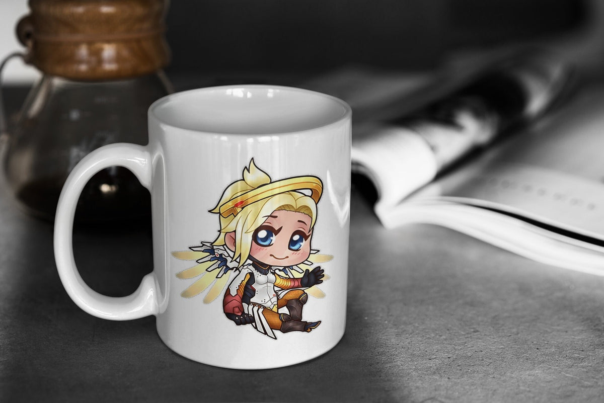 Overwatch 2 Cute Chibi Mercy 11oz White Glossy Mug Perfect Gift for Gamers and Overwatch Fans Graphic Tee – Premium Graphic · Perfect For Daily Wear