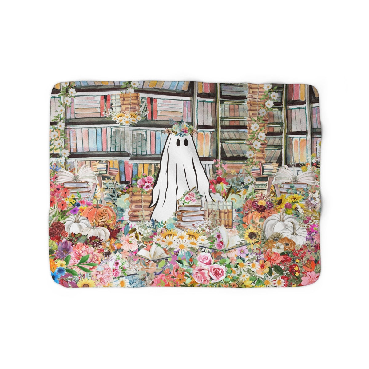 Floral Ghost Halloween Blanket Adorable Floral Ghost Surrounded by Books and Flowers Spooky Season Gift for Librarian Whimsigoth Blanket Graphic Tee – Soft Feel · Trending Graphic Apparel
