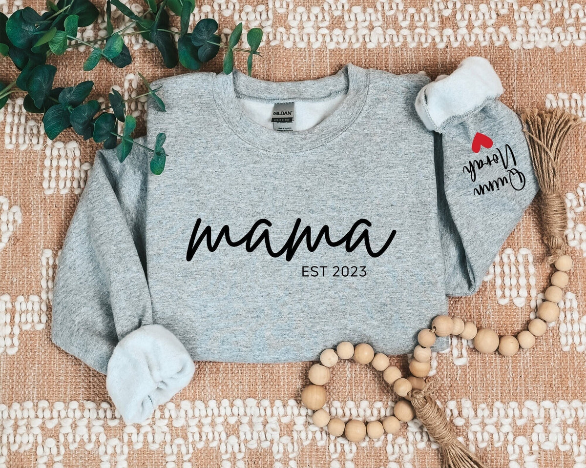 Custom Mama Sweatshirt with Children Name on Sleeve Mama Sweatshirt Sweatshirt – Aesthetic Look · Trending Graphic Apparel