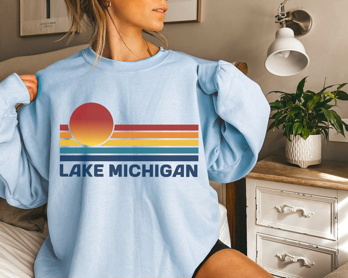 Lake Michigan Retro Sunset Sweatshirt Great Lakes Crewneck Pullover Gift Sweatshirt – Aesthetic Look · Top Pick For Any Outfit