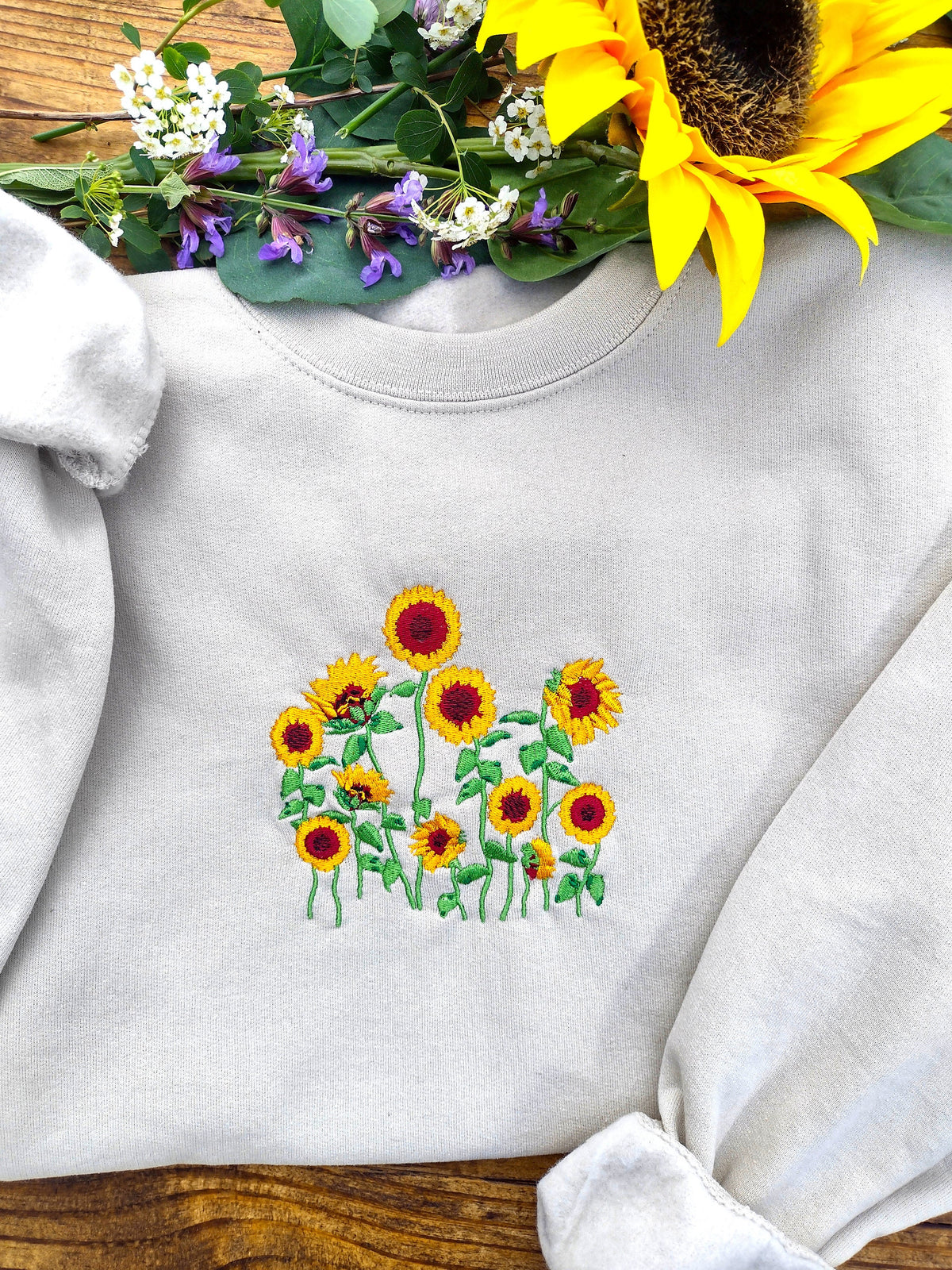 Embroidered Sunflower Garden Crewneck Sweatshirt Sweatshirt – Easygoing Wear · Must-Have Style