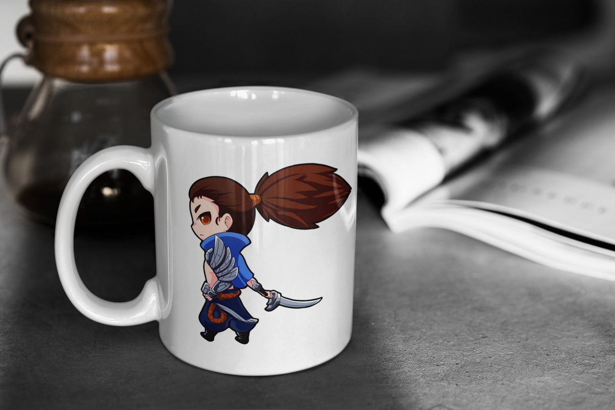 League of Legends Cute Chibi Yasuo 11oz White Glossy Mug Perfect Gift for Gamers and LoL Fans Graphic Tee – Bold Style · Must-Have Style