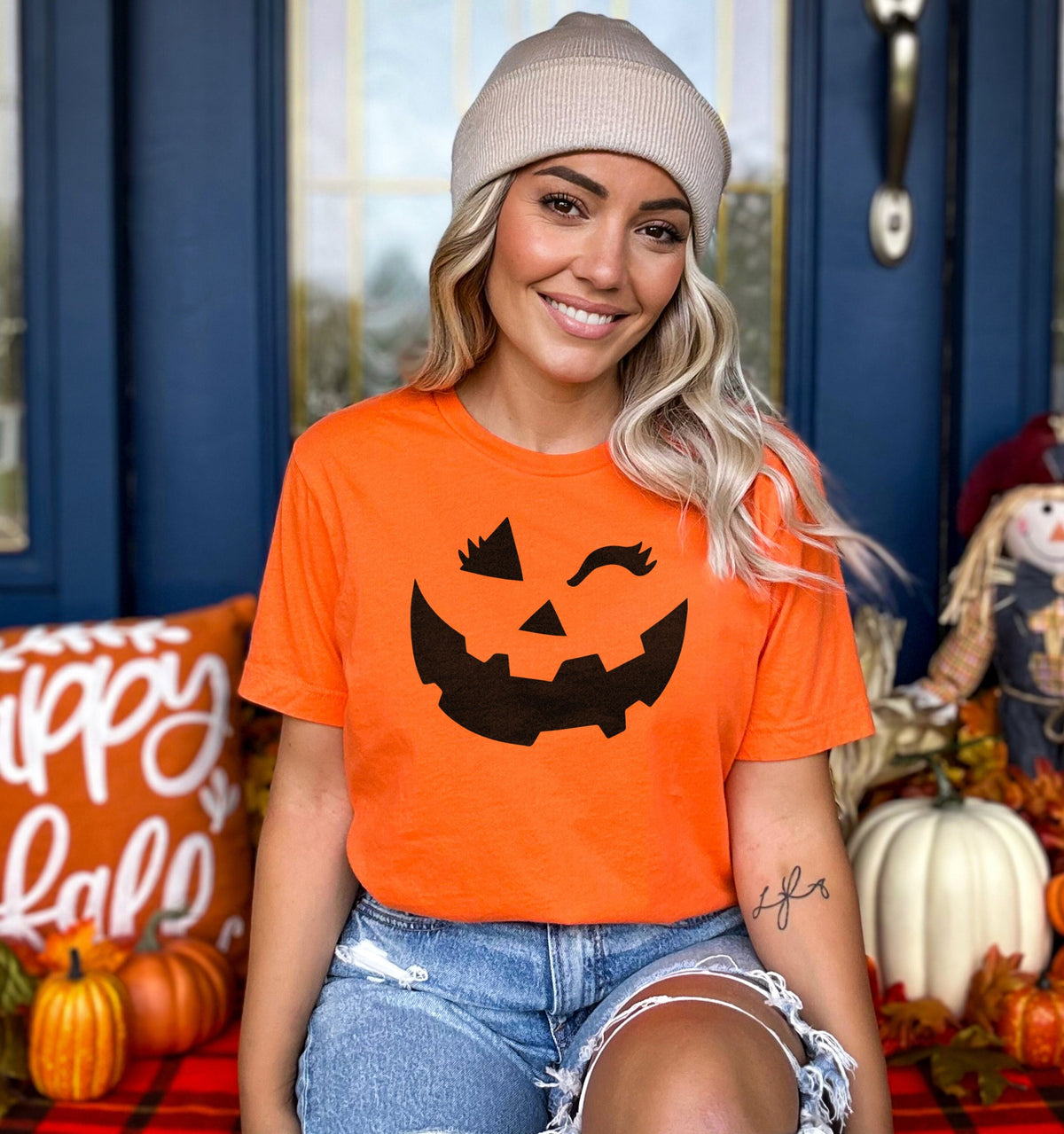 Womens Cute Halloween Winking Pumpkin Face TShirt Girls Halloween Orange Shirt Graphic Tee – Warm & Stylish · Trending Graphic Apparel