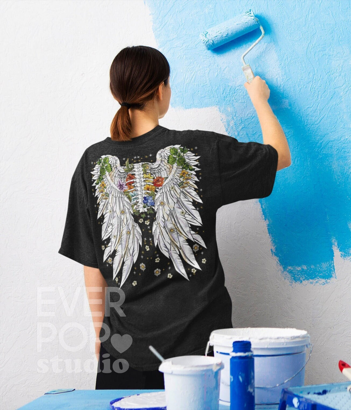 Wing Rib Cage Shirt Angel Graphic Tee Goth Skeleton Tshirt Boho Halloween Print Gothic Floral Top Artsy Flower Back Holiday Gift Graphic Tee – Bold Style · High-Quality Print