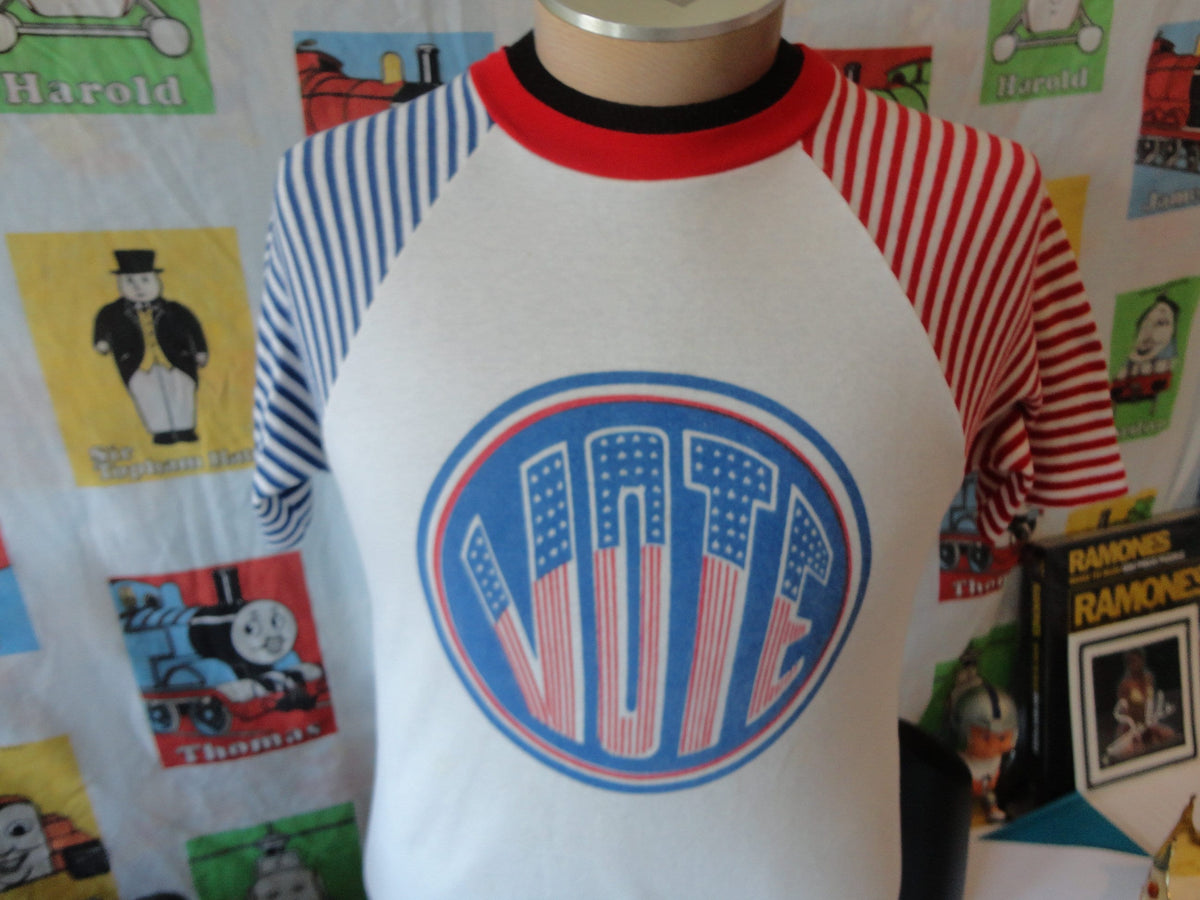 Vintage 8039s VOTE American Flag Sleeve Political Election T Shirt M Graphic Tee – Bold Style · Perfect For Daily Wear