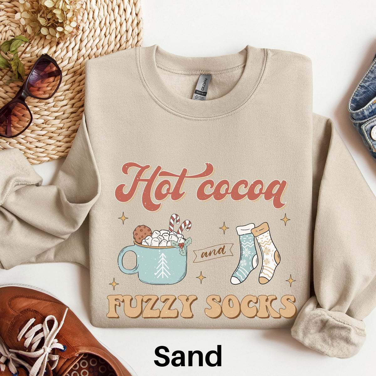 Hot Cocoa and Fuzzy Socks Sweatshirt Blue Christmas Sweater Winter Season Sweater Christmas Sweater Retro Christmas Shirt Holiday Sweater Sweatshirt – Easygoing Wear · Top Pick For Any Outfit