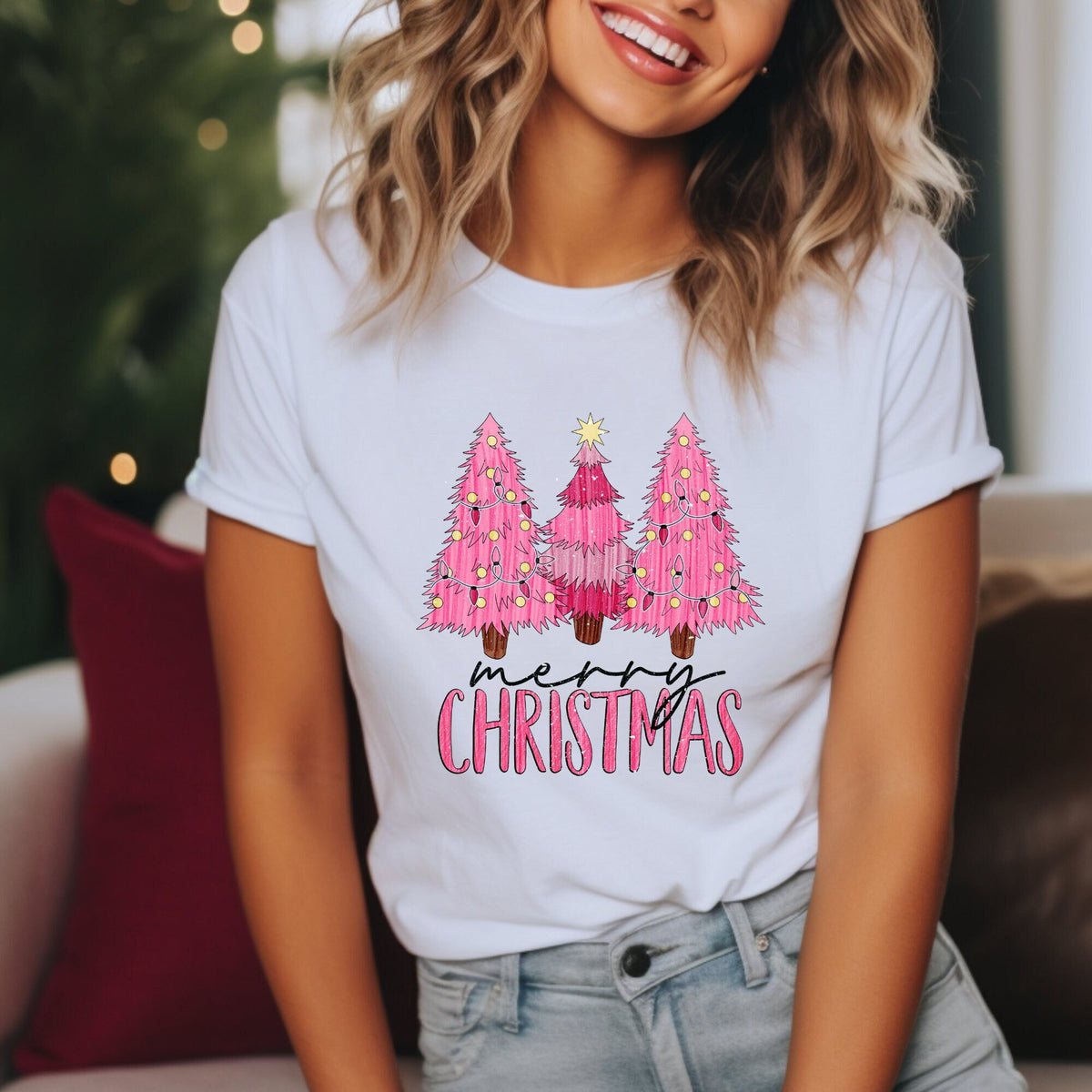 DTF Christmas Tree DTF Transfer Merry Christmas DTF Pink Christmas Screen Print Transfer Happy Holiday Dtf Pink Tree Screen print Dtf print Graphic Tee – Feel-Good Design · Top Pick For Any Outfit