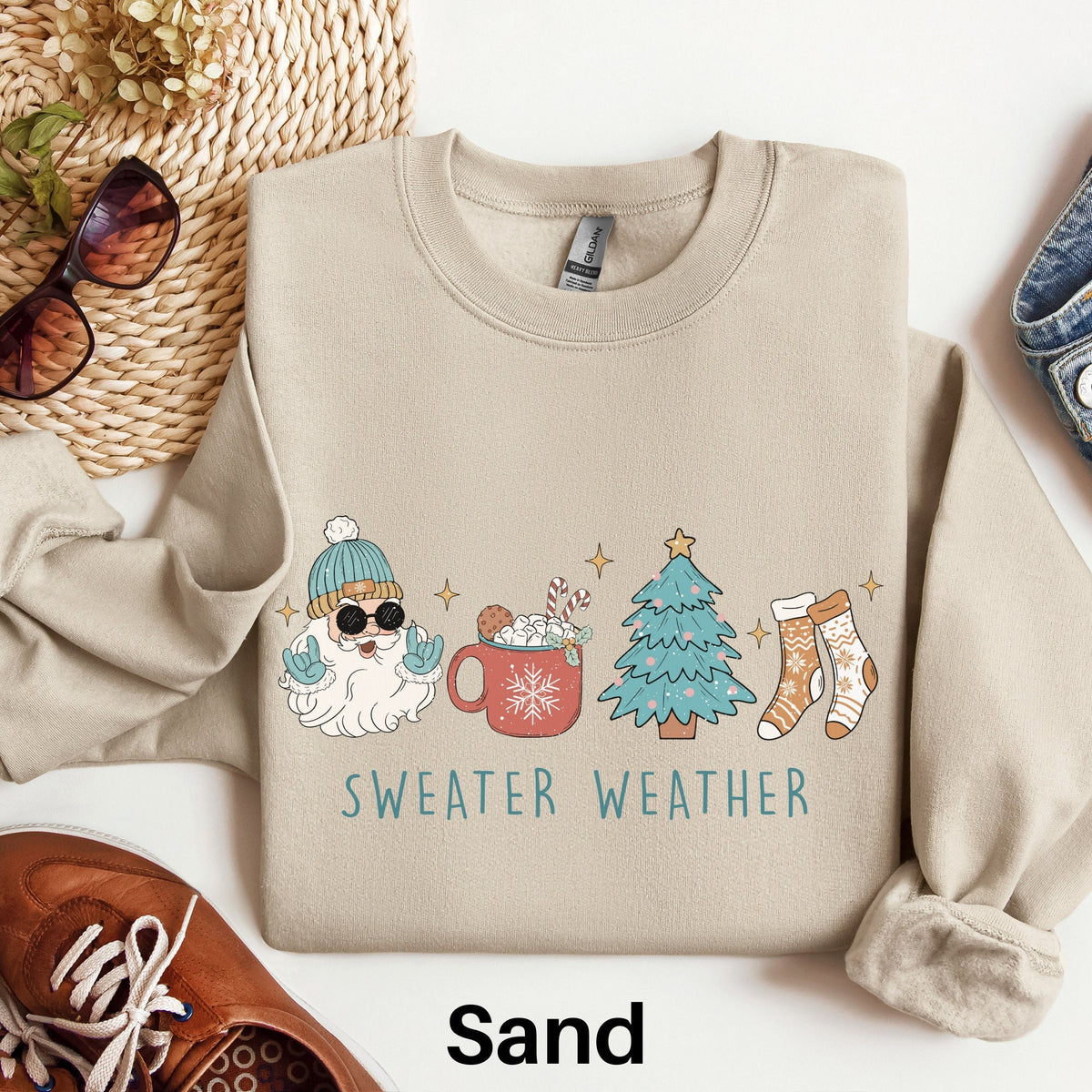 Sweater Weather Sweatshirt Blue Christmas Sweater Christmas Trees Shirt Santa Christmas Sweater Retro Christmas Shirt Holiday Sweater Sweatshirt – Bold Style · Trending Graphic Apparel