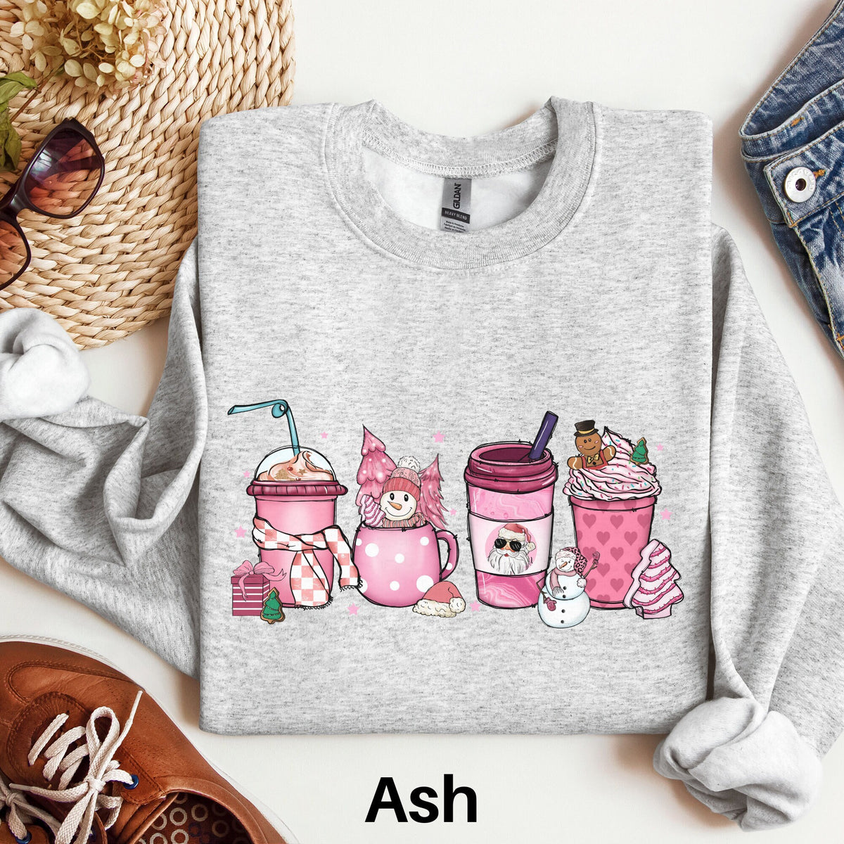 Christmas Coffee Sweatshirt Pink Christmas Shirt Holiday Sweatshirt Crewneck Holiday Sweater Coffee Lover Gift Pastel Christmas Tee Sweatshirt – Soft Feel · Top Pick For Any Outfit