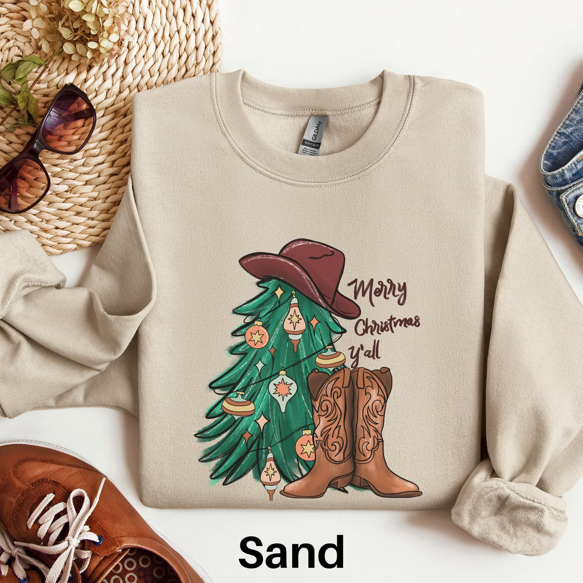 Country Christmas Sweatshirt Merry Christmas Yall Western Cowboy Boots Christmas Sweater Cowgirl Howdy Christmas Small Town Christmas Sweatshirt – Everyday Comfort · Trending Graphic Apparel