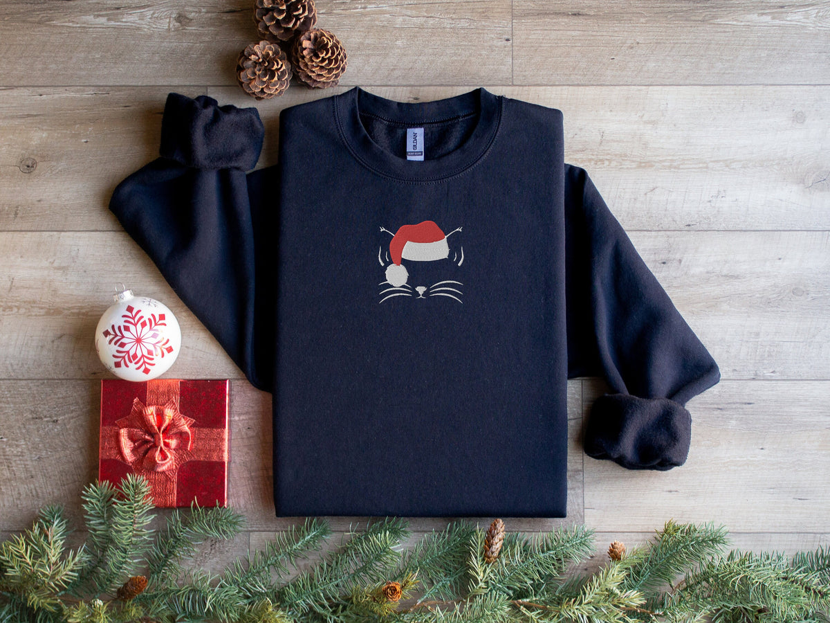 Embroidered Santa Cat Christmas Sweatshirt Festive Sweatshirt Holiday Apparel Cat Lover Gift Sweatshirt – Aesthetic Look · Must-Have Style