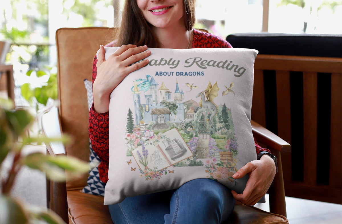 Book Lover Gift Idea Probably Reading About Dragons Cute Whimsigoth Pillow for Library Fantasy Romance Gift Idea Boho Romantasy Gift Graphic Tee – Premium Graphic · Great Gift For Fans