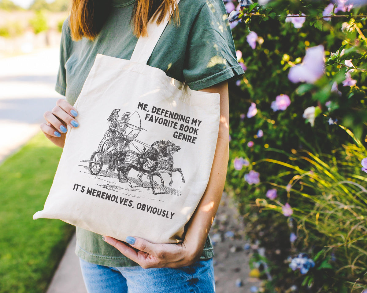 Funny Paranormal Romance Tote Bag Book Lover Gift Idea Me Defending My Favorite Book Genre Silly Werewolf Romance Tote for Bookworm Tote Bag – Feel-Good Design · Top Pick For Any Outfit