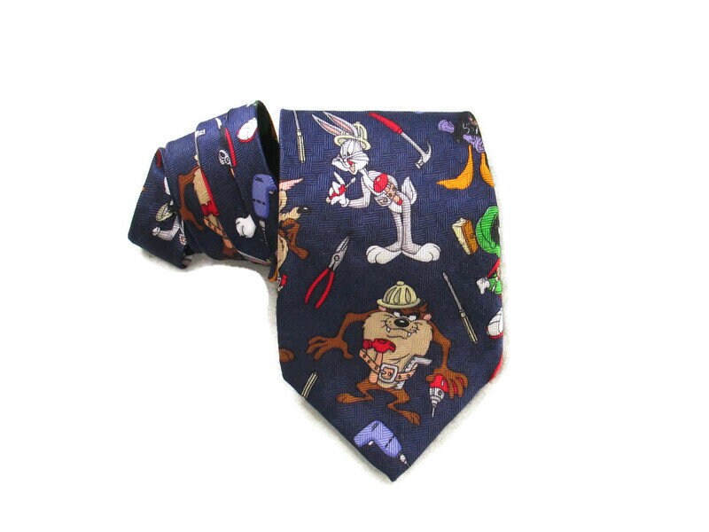 Looney Tunes Cartoon Character Tool Themed Silk Necktie Vintage 1993 Warner Bros Taz Marvin the Martian Daffy Duck Bugs Bunny Sylvester Tie Graphic Tee – Warm & Stylish · Top Pick For Any Outfit