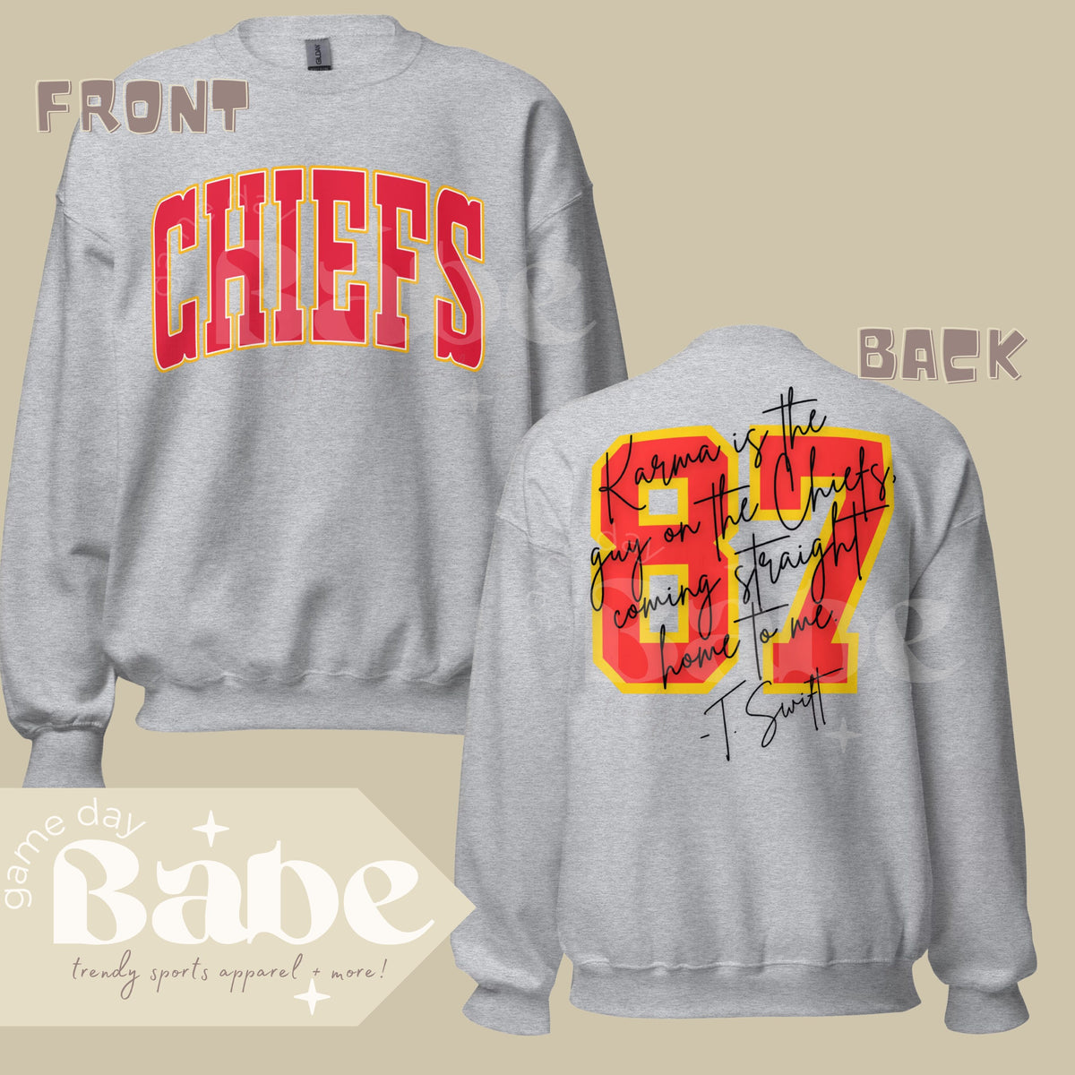 Adult Chiefs front Karma is the Guy on the Chiefs 87 back Gildan Unisex Sweatshirt Game Day Outfit Trendy Kelce Swift Sweatshirt – Premium Graphic · Must-Have Style