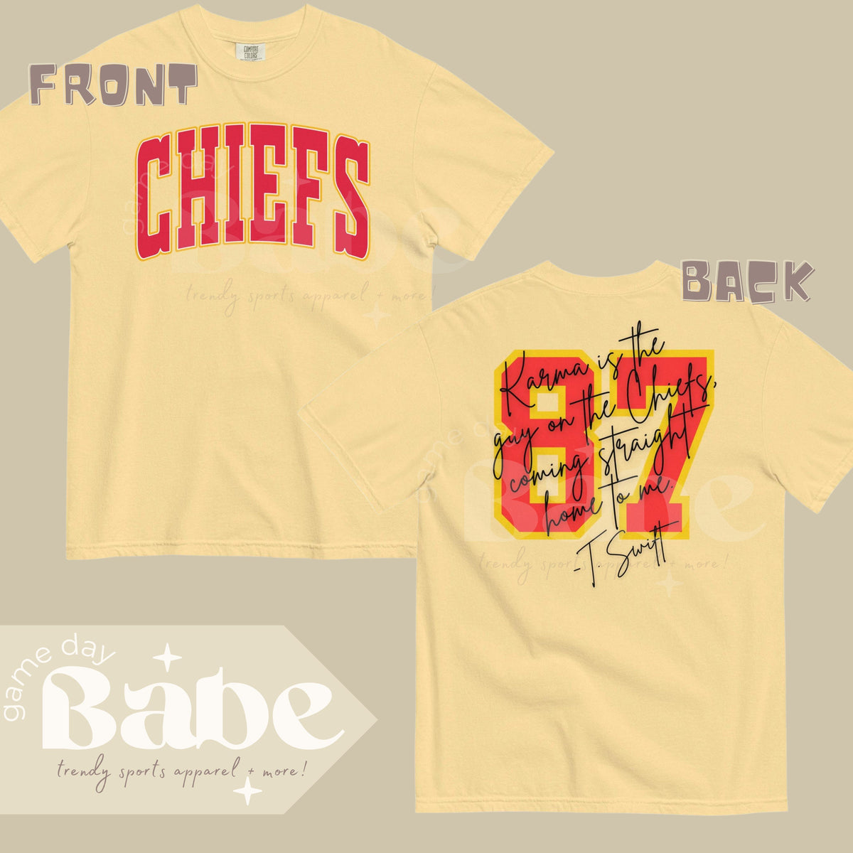 Adult Chiefs front Karma is the Guy on the Chiefs back tee Unisex garment dyed heavyweight t shirt Game Day Graphic Tee – Everyday Comfort · Great Gift For Fans