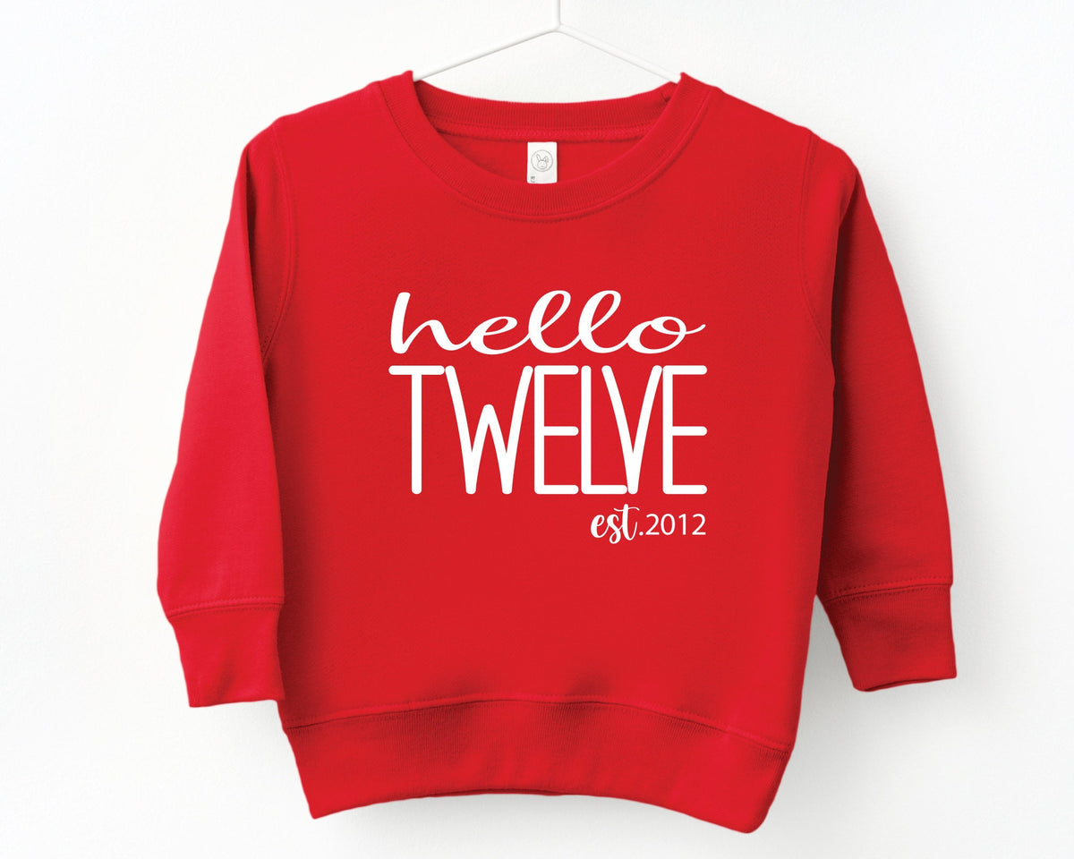 Hello Twelve Sweatshirt 12nd Birthday Sweatshirt Hello 12 Sweater Est 2013 Sweatershirt Twelve Birthday Gift Birthday Pullover Sweatshirt – Fan Favorite · High-Quality Print