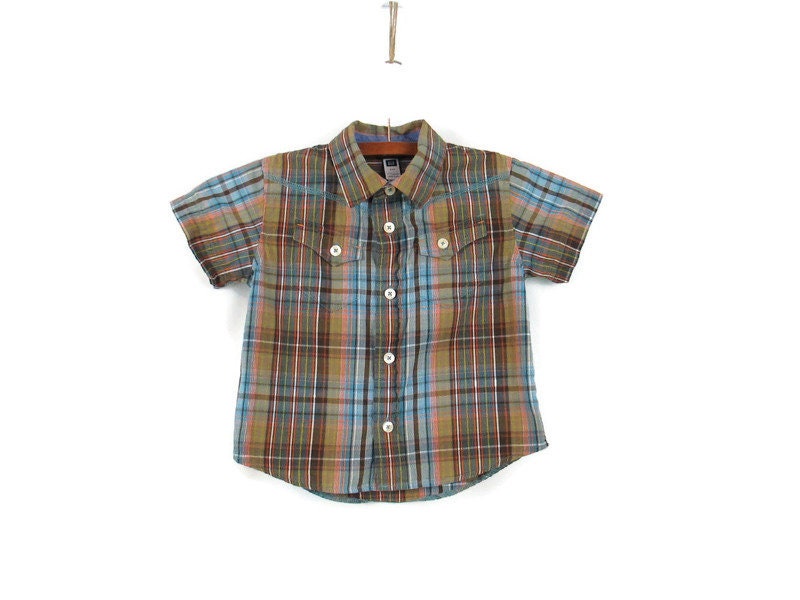 Toddler 18 24 Months Vintage Gap Preppy Plaid Button Down Short Sleeve Cotton Shirt Graphic Tee – Aesthetic Look · Perfect For Daily Wear