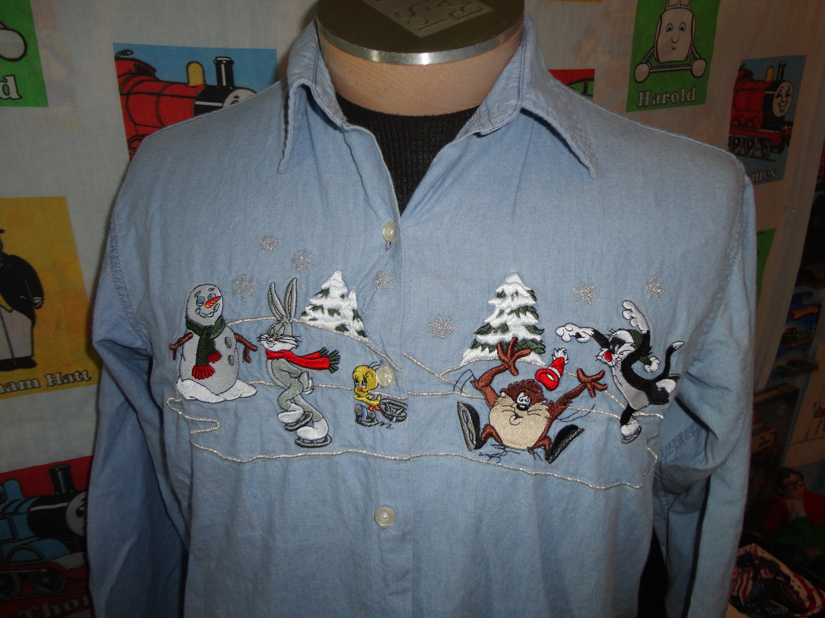 Vintage 9039s Looney Tunes Winter Ice Skating Blue Button Down Long Sleeve Shirt Size Women39s S Graphic Tee – Cozy Vibes · High-Quality Print