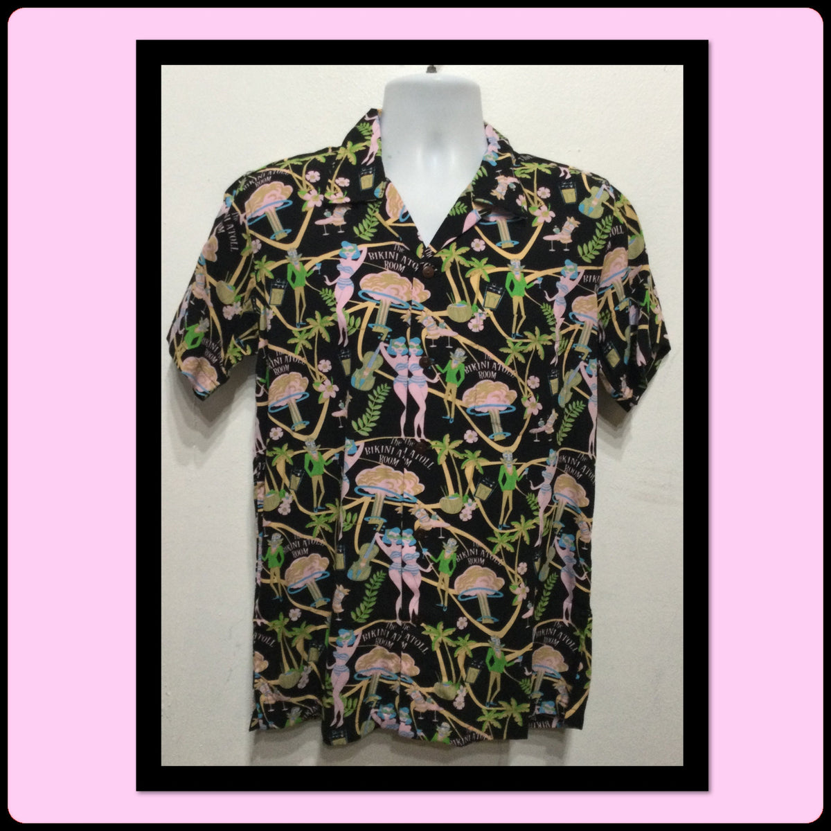 AT028 Americana 195039s style rayon atomic print quot The Bikini Atoll Roomquot shirt by Atomik Tiki Graphic Tee – Fan Favorite · Great Gift For Fans