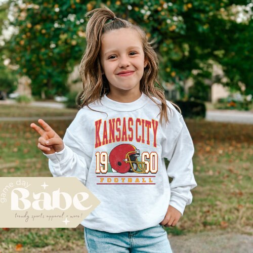 Kids Kansas City Football Gildan Youth crewneck sweatshirt 1960 Vintage Football Game Day Outfit Distressed Chiefs Girls Boys Sweatshirt – Easygoing Wear · Great Gift For Fans