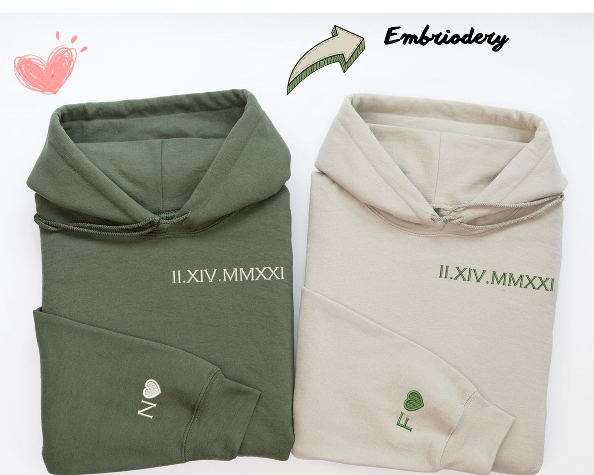 Custom Embroidered Roman Numeral Hoodie Date Heart and Initial On SleevePersonalized Couples Gifts Couple Valentine39s Gift Gift for Her Hoodie – Bold Style · High-Quality Print