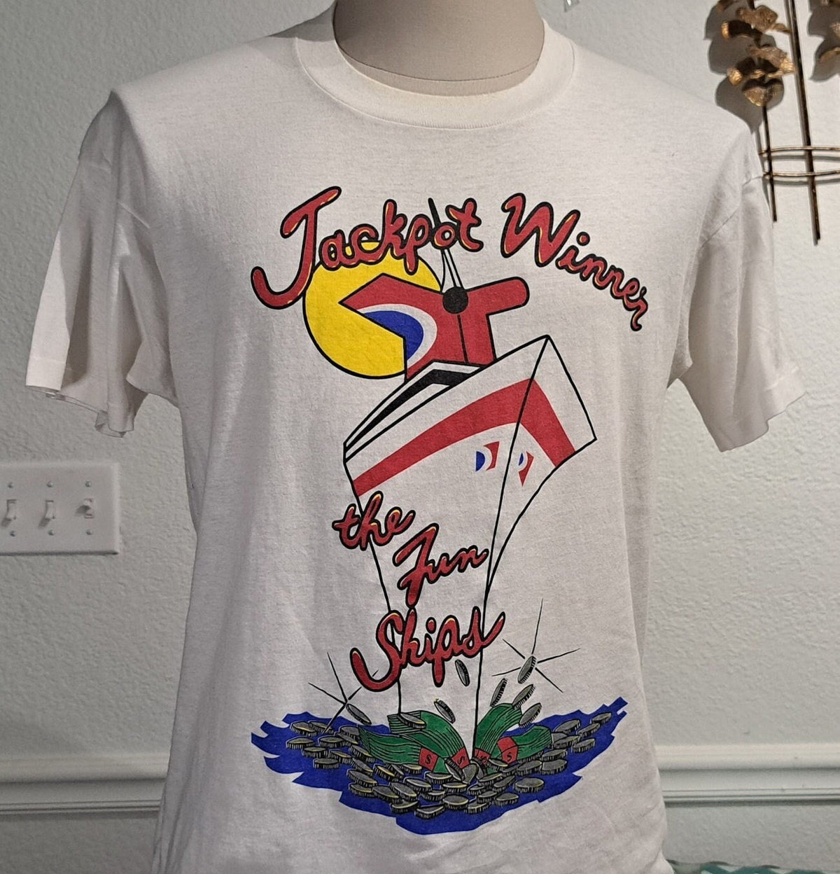 Vintage 80s Jackpot Winner Carnival Cruise Line Casino white Tshirt size L Graphic Tee – Feel-Good Design · Trending Graphic Apparel