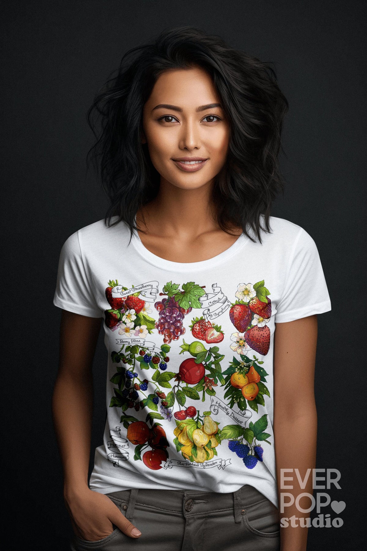 Fruit Floral Shirt Strawberry Tshirt Berry Graphic Tee Grape Print T Shirt Pomegranate Crewneck Orange Lemon Top Flower Gardening Graphic Tee – Cozy Vibes · Perfect For Daily Wear