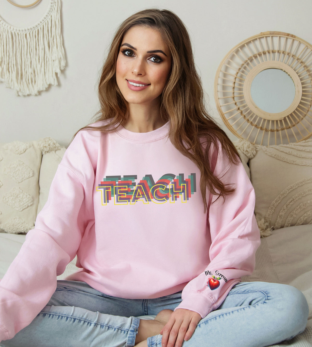 Personalized Teach Sweatshirt with Teacher Name on Sleeve Custom Teacher Sweatshirt Teacher name on sleeve Sweater Gift for teacher Sweatshirt – Cozy Vibes · High-Quality Print