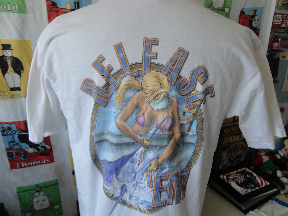 Vintage 9039s FishHead Gear Catch and Release Bikini girl Fishing Pocket T Shirt Fits L Graphic Tee – Soft Feel · Must-Have Style