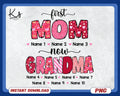 First Mom Now Grandma Png First Mother39s Day Png 1st Mother39s Day Gift From Baby Custom Grandma Heart With Names Png Gift For First Mom Graphic Tee – Cozy Vibes · Perfect For Daily Wear