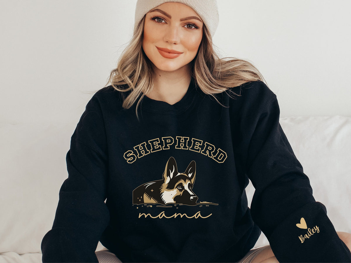 Custom German Shepherd Mama Sweatshirt with Pet Name on Sleeve Shepherd mom Sweatshirt Shepherd Mama Crewneck Sweater Shepherd dog gift GSM Sweatshirt – Fan Favorite · High-Quality Print