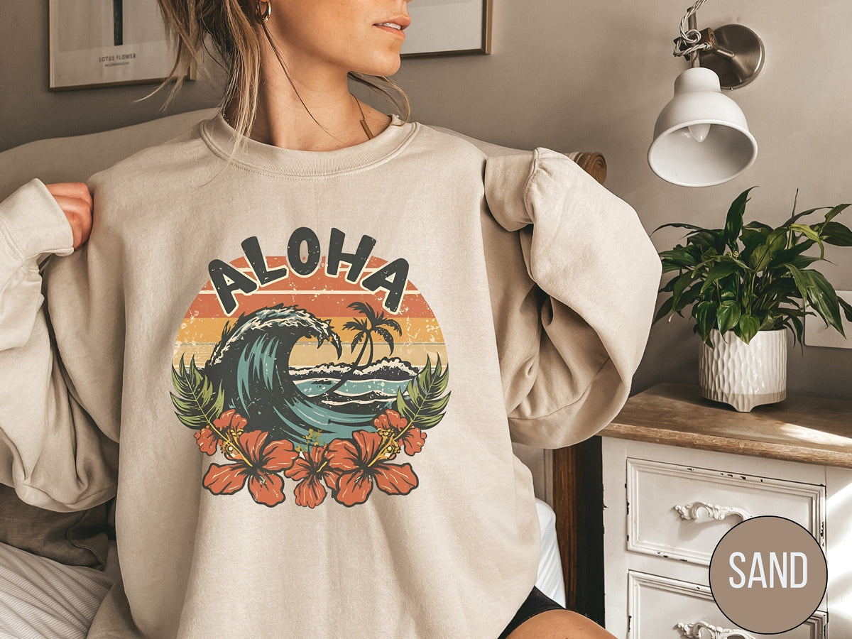 Aloha Sweatshirt Retro Hawaii Crewneck Beach Sweatshirt Vintage Aloha Sweatshirt Sunset Sweatshirt Summer Sweatshirt Hawaii Surf Sweater Sweatshirt – Everyday Comfort · Great Gift For Fans