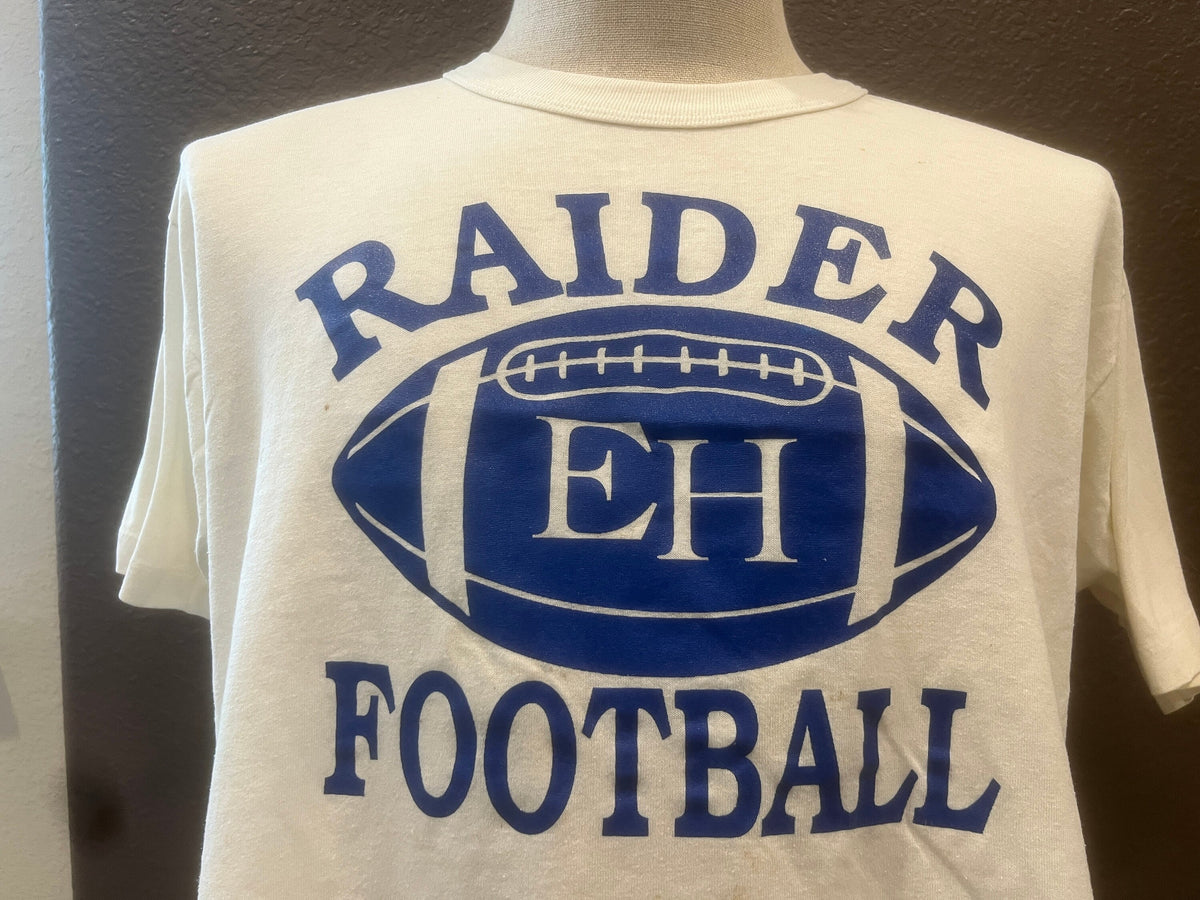 Vintage 8039s EH Raider Football White T Shirt Size L Graphic Tee – Warm & Stylish · Trending Graphic Apparel