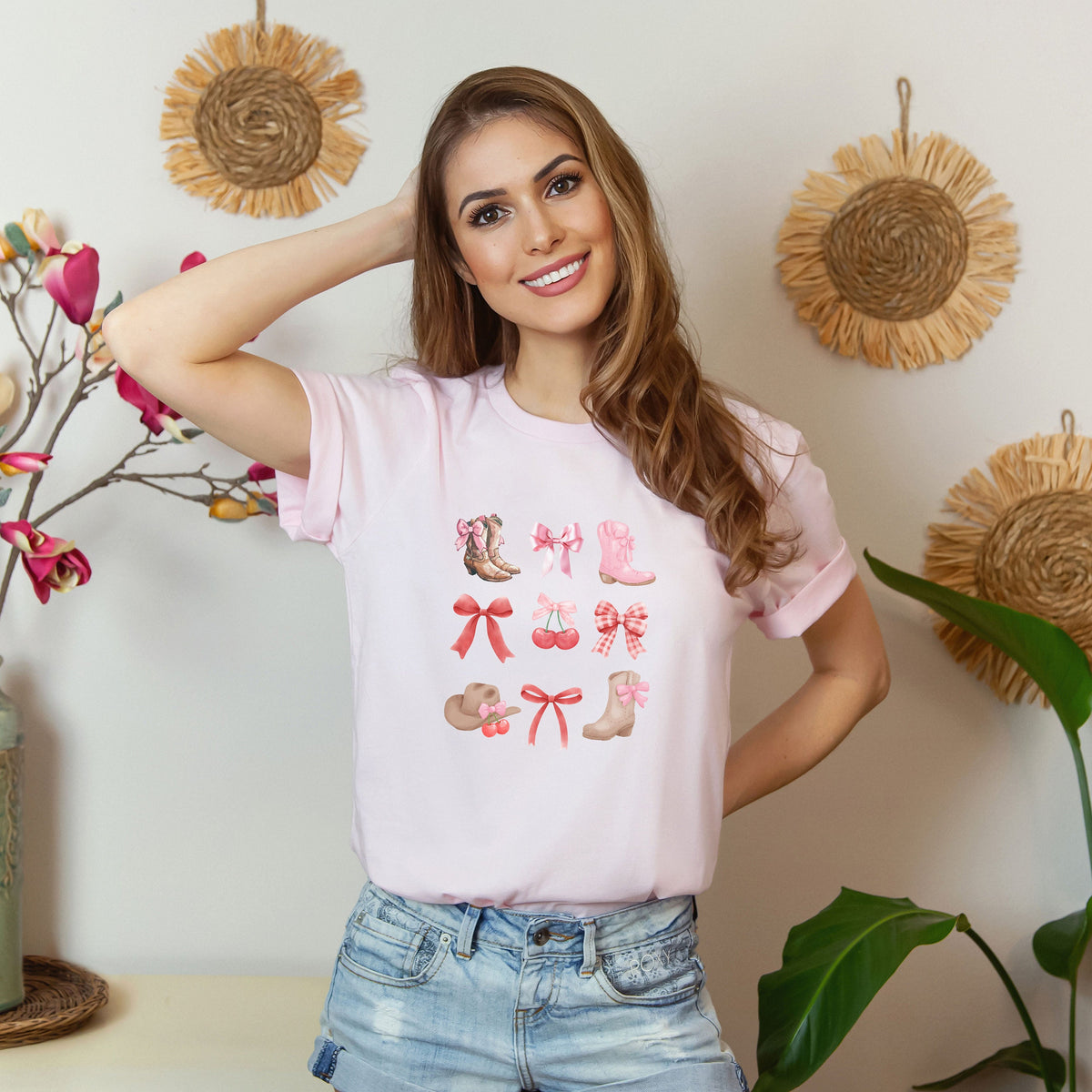 Coquette Shirt with Cowgirl Boots Spring Clothing for Coastal Cowgirl Coquette Cowgirl sweatshirt Coquette Clothing cherry shirt Sweatshirt – Feel-Good Design · Great Gift For Fans