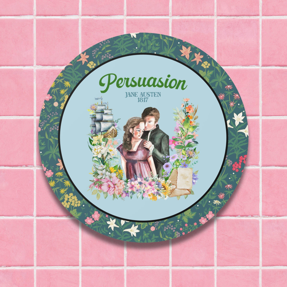 Jane Austen Gift for Book Lover Persuasion by Jane Austen Bookish Gift Idea Sticker for Reader Kitschy Floral Classic Literature Sticker Graphic Tee – Feel-Good Design · Trending Graphic Apparel