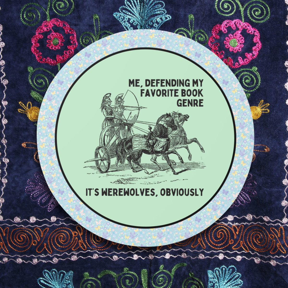 Funny Paranormal Romance Sticker Book Lover Gift Idea Me Defending My Favorite Book Genre Silly Werewolf Romance Sticker for Bookworm Graphic Tee – Premium Graphic · Great Gift For Fans