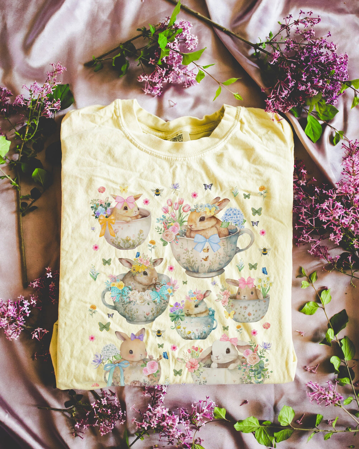 Boho Easter or Spring Tee Shirt of Adorable Whimsigoth Bunnies in Teacups Nineties Aesthetic Tee Shirt with Rabbits Butterfly Lover Gift Graphic Tee – Premium Graphic · Must-Have Style