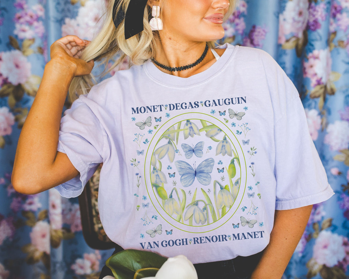 Boho Impressionist Artists Tee Shirt with Whimsigoth Flowers and Boho Butterflies Nineties Aesthetic TShirt of Artists Art Professor Gift Graphic Tee – Soft Feel · Trending Graphic Apparel