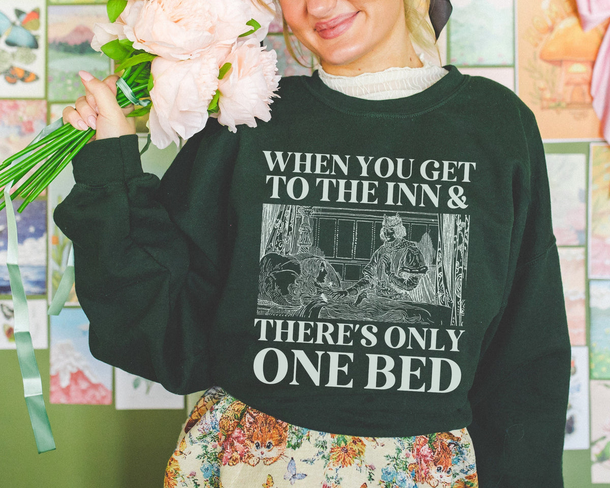 Funny Romance Tropes Sweatshirt for Friend Who Loves Romantasy or Historical Fiction Novels Only One Bed Silly Bookish Gift for Bookworm Sweatshirt – Bold Style · High-Quality Print