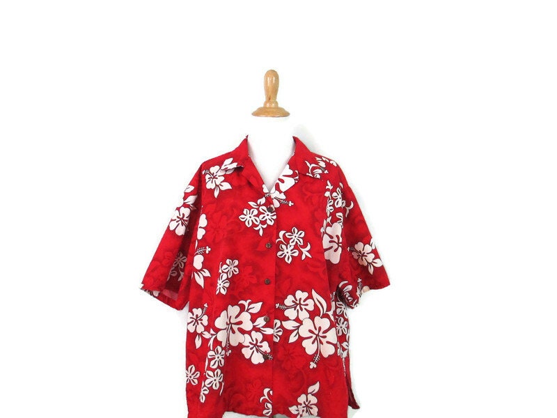 Vintage Authentic Hawaiian Floral Shirt XL Cotton Button Down Red White Hibiscus Flower Pattern Top Graphic Tee – Aesthetic Look · Must-Have Style