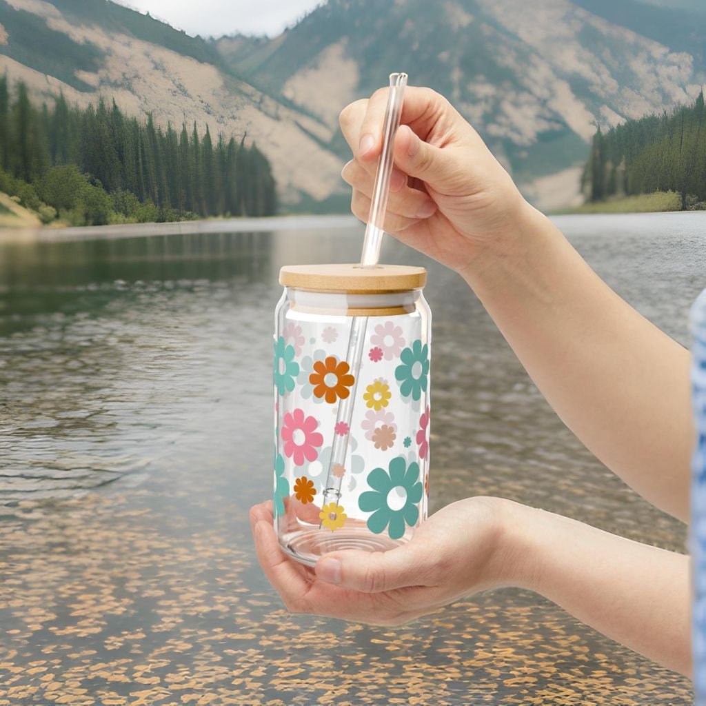 Glass Coffee Cup Retro Flowers Iced Coffee Glass Glass Cup Iced Coffee cup Glass Tumbler Housewarming Gift Custom Name tumbler Graphic Tee – Easygoing Wear · Trending Graphic Apparel