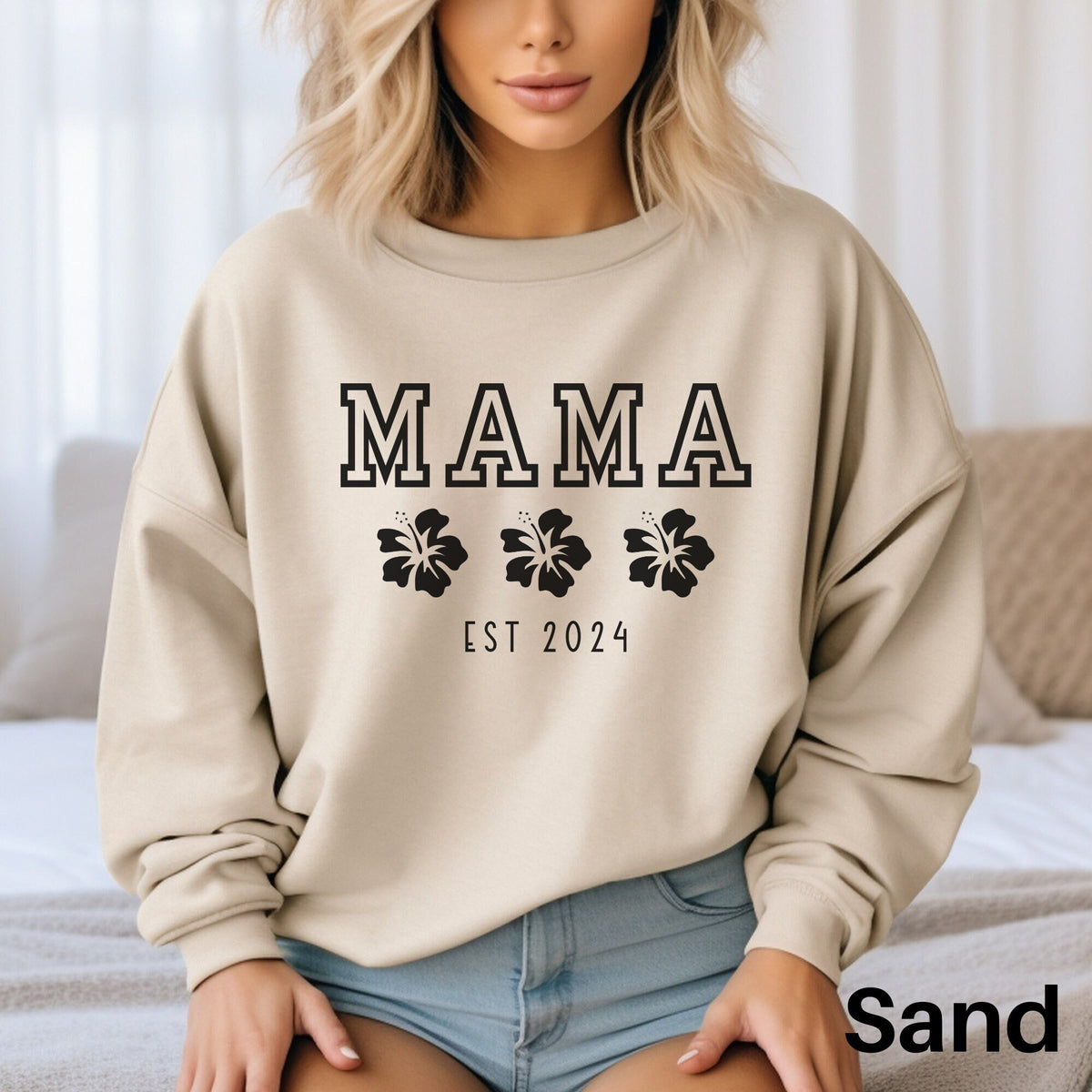 Custom Mama Sweatshirt Mama Est Sweater Personalized Mama Sweater Hibiscus Sweatshirt Mother39s Day Gift Mom To Be Gift Custom Mom Gift Sweatshirt – Soft Feel · High-Quality Print