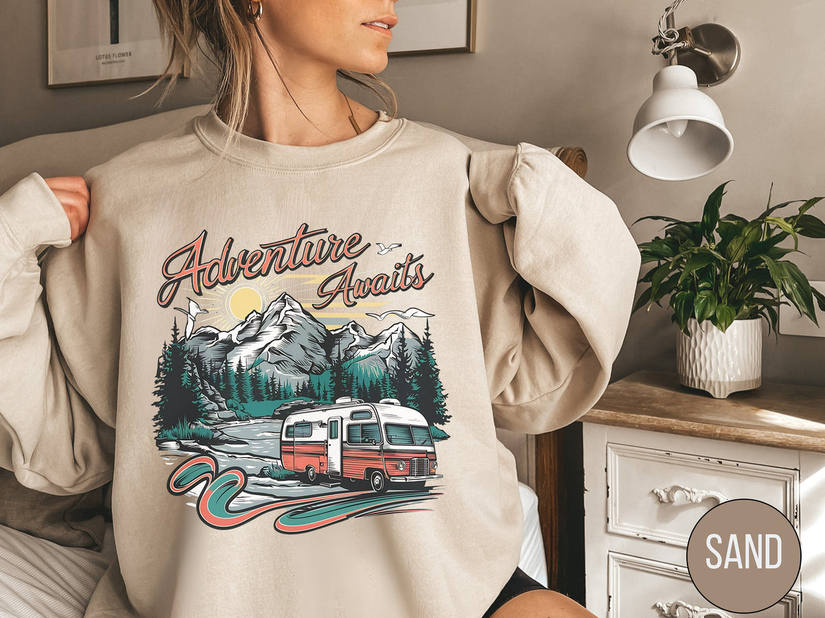 Adventure Awaits Sweatshirt Adventure Time Sweater Retro Camping Shirt Mountain Sweatshirts Hiker Gifts Nature Lover Shirt Camping Gift Sweatshirt – Fan Favorite · High-Quality Print