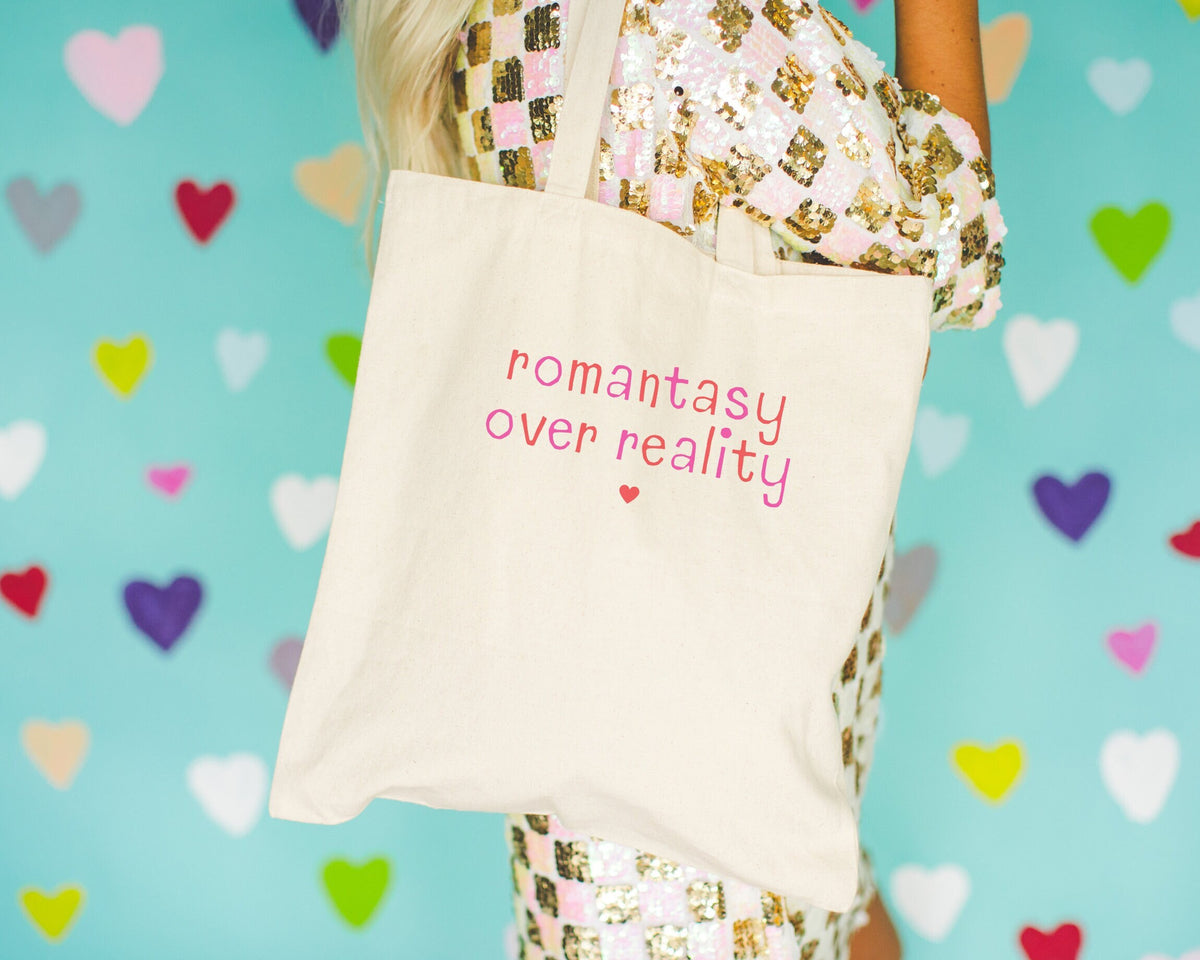 Bookish Fantasy Romance Tote Bag for Book Lover Romantasy Over Reality Silly Bookworm Tote Bag for Librarian Historical Fantasy Reader Tote Bag – Soft Feel · High-Quality Print