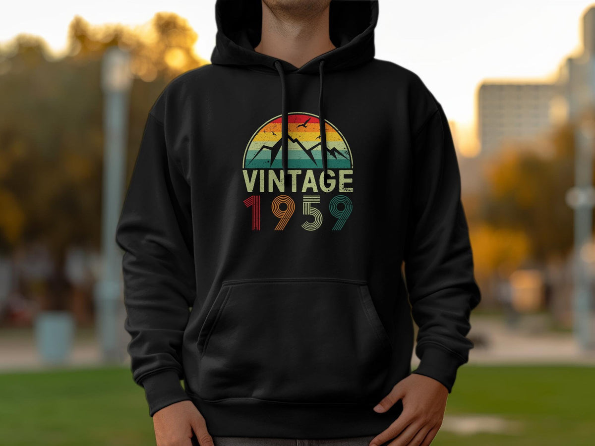 65th Birthday Gifts Vintage 1959 Mountain Graphic Hoodie Retro Rainbow Design Unisex Adult Casual Wear Soft Comfy Pullover Hoodie – Cozy Vibes · High-Quality Print