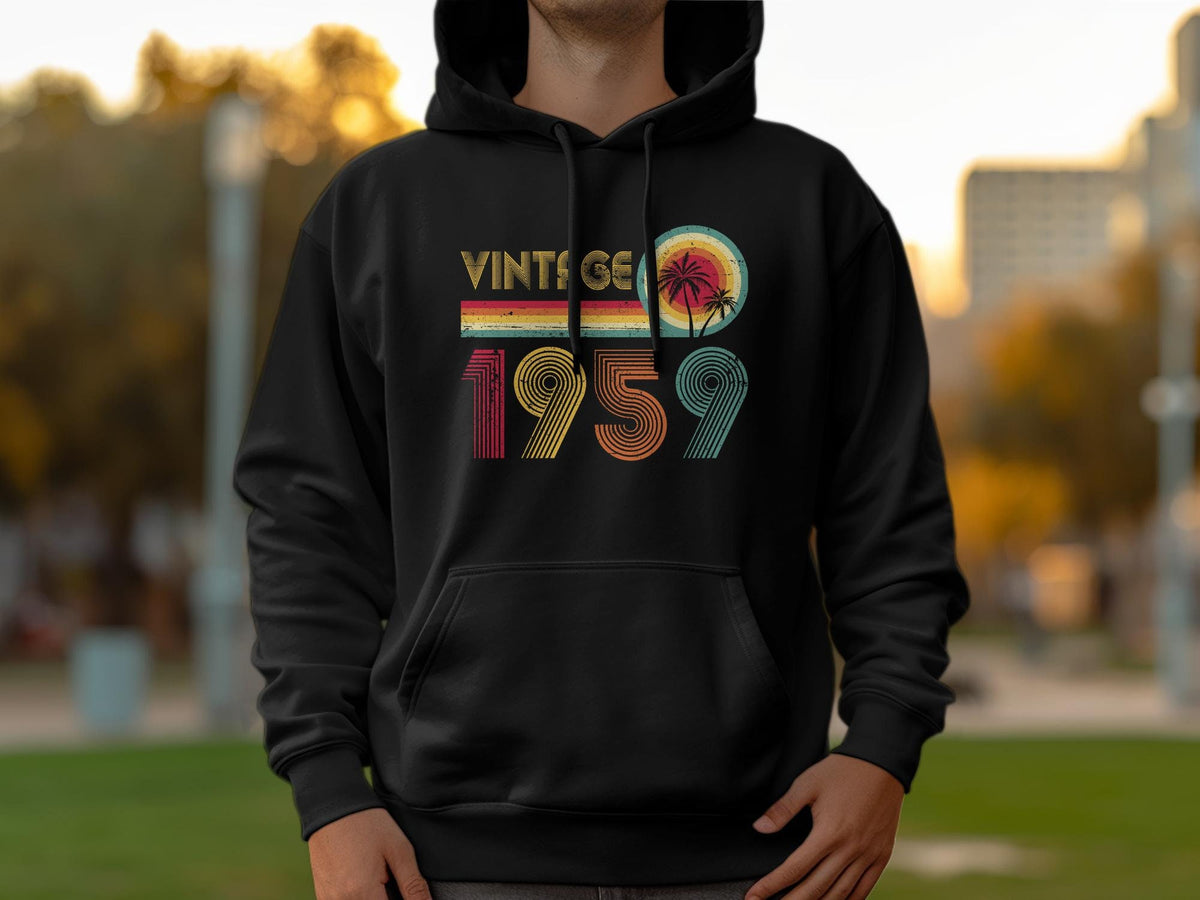 65th Birthday Gift Vintage 1959 Retro Hoodie Palm Tree Sunset Graphic Casual Unisex Apparel Throwback Style Clothing Gift Hoodie – Cozy Vibes · Top Pick For Any Outfit