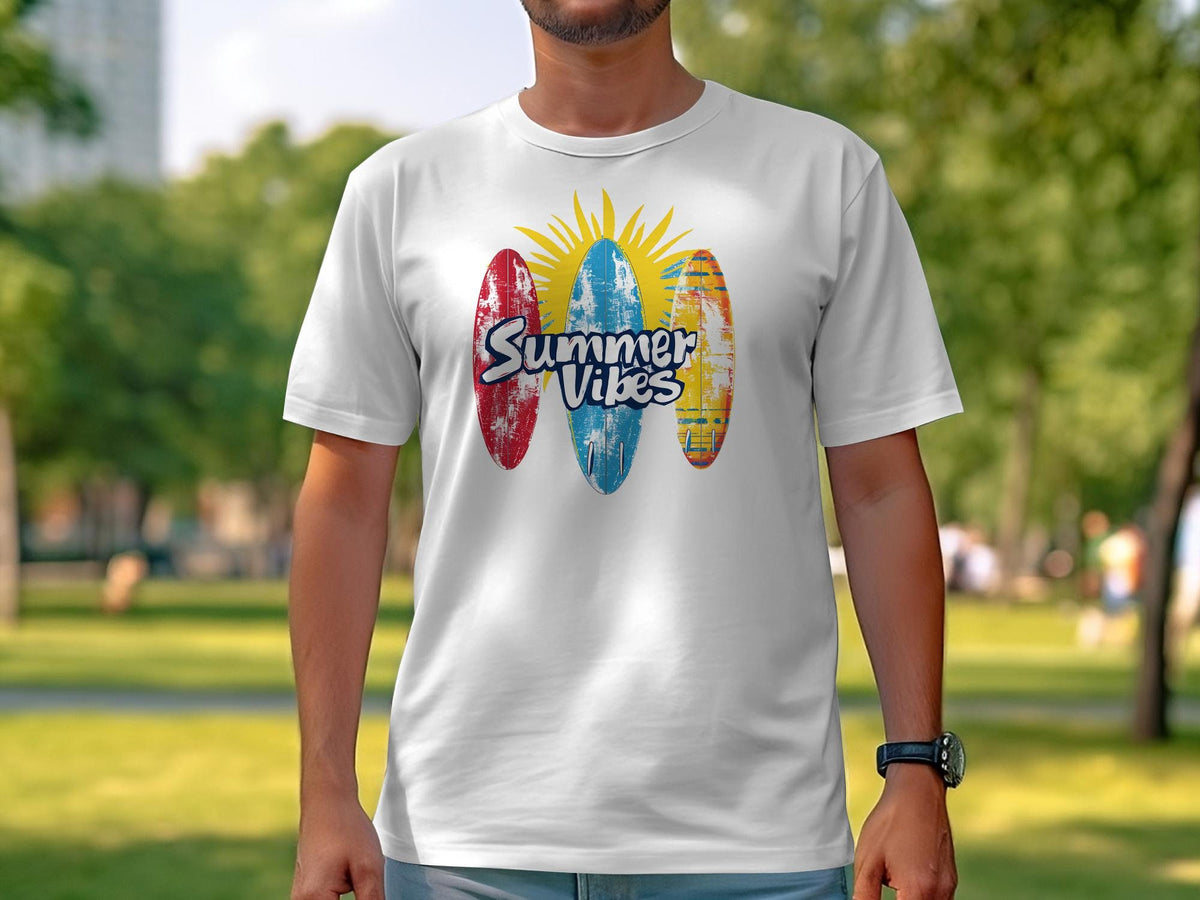 Summer Vibes Surfboard TShirt Colorful Sun Design Beach Tee for Men and Women Casual Summer Wear Graphic Tee – Warm & Stylish · Must-Have Style