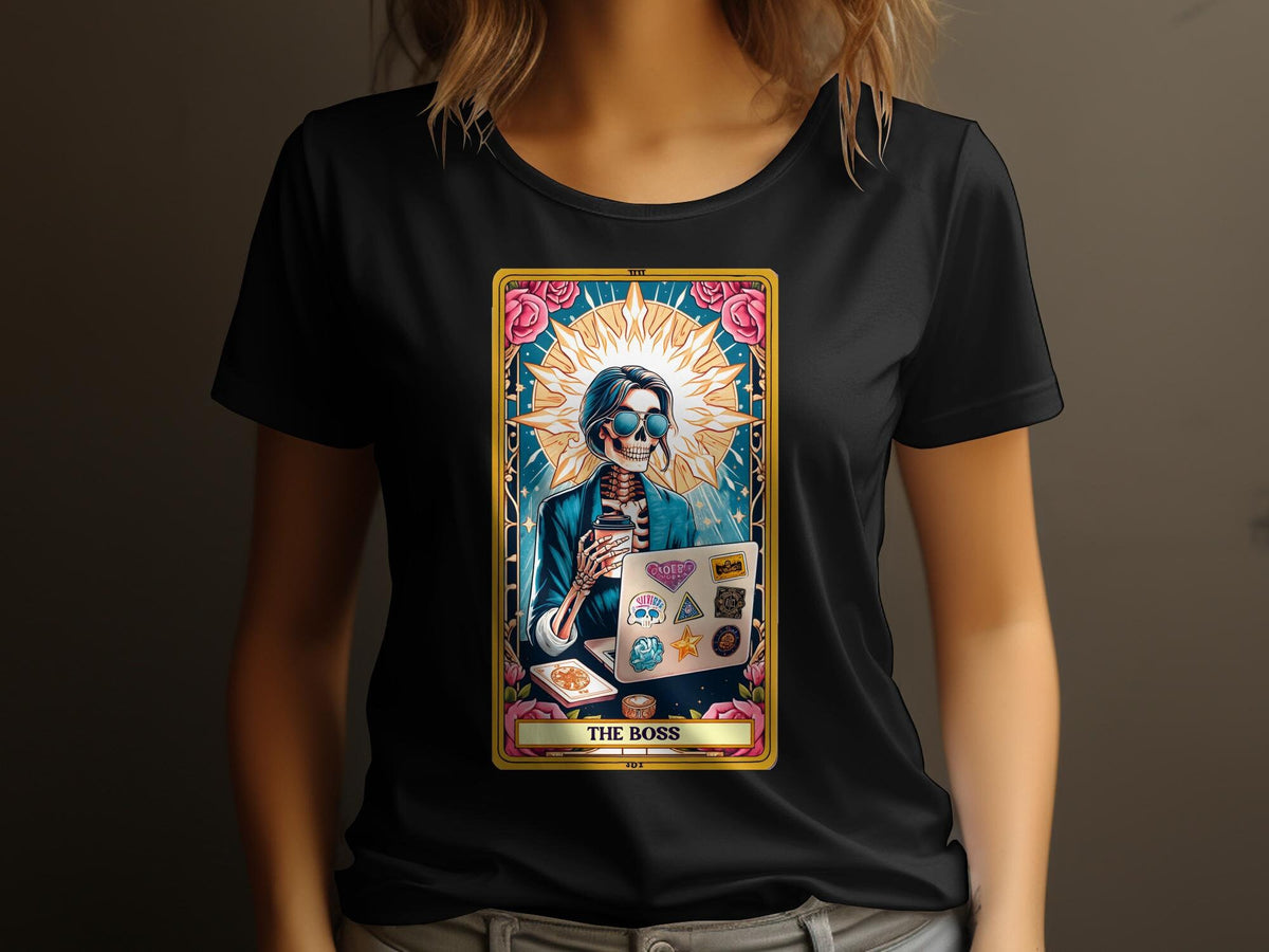The Boss Skeleton Tarot Card Graphic TShirt Vintage Style Skull Art Hipster Fashion Top Womens Tee Graphic Tee – Aesthetic Look · Trending Graphic Apparel